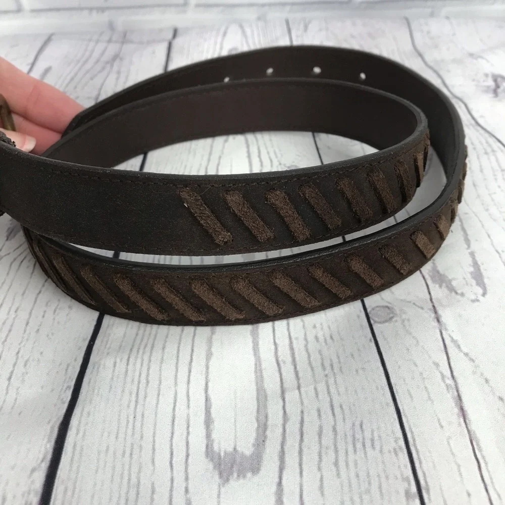 Chocolate brown suede whipstitch belt XL brass bkl